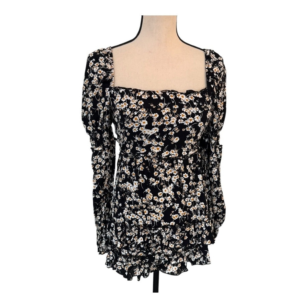 Olivaceous Womens Mini Dress Black Daisy Long Sleeve Boho S